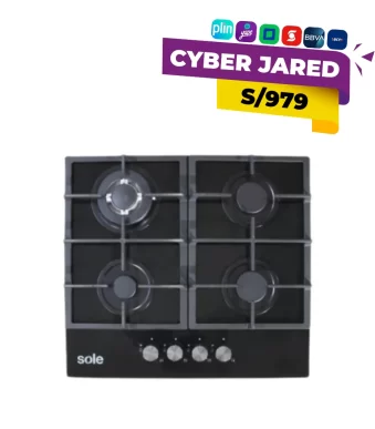 Encimera a gas marca Sole modelo SOLCO045V2 de 60cm con tablero de vidrio templado negro, 4 quemadores y parrillas de hierro fundido.