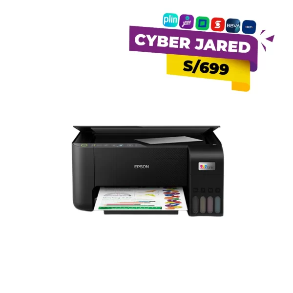 Impresora multifuncional Epson EcoTank L3250 con sistema de tanques de tinta frontal, conectividad Wi-Fi y diseño compacto en color negro.