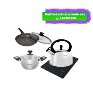 Cuatricombo Cocina de Inducción + Olla de Acero Inox + Sartén De Granito + Tetera
