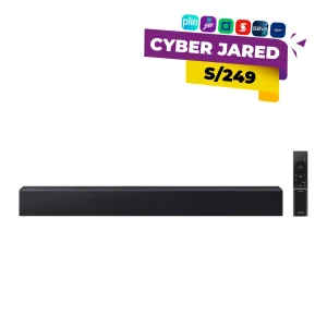 Barra de sonido Samsung HW-B400F negra con control remoto.