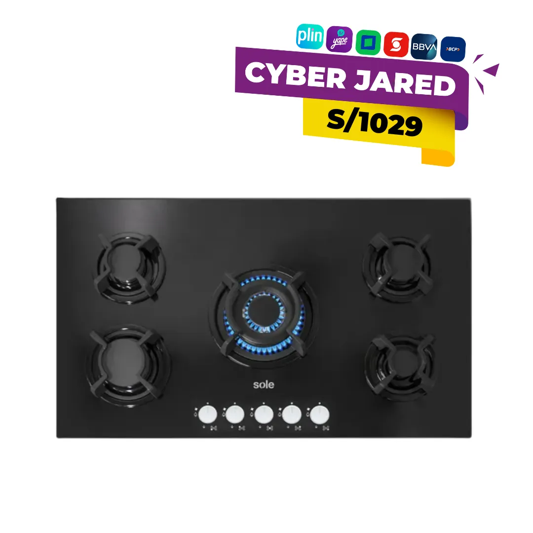 1-19.webp Encimera a Gas Sole de Vidrio Templado Negro de 86cm con 5 Hornillas y Quemador Triple - Imagen 1