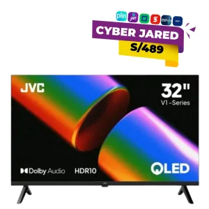 Smart TV JVC QLED de 32 pulgadas con logo de Cyber Jered y precio promocional.