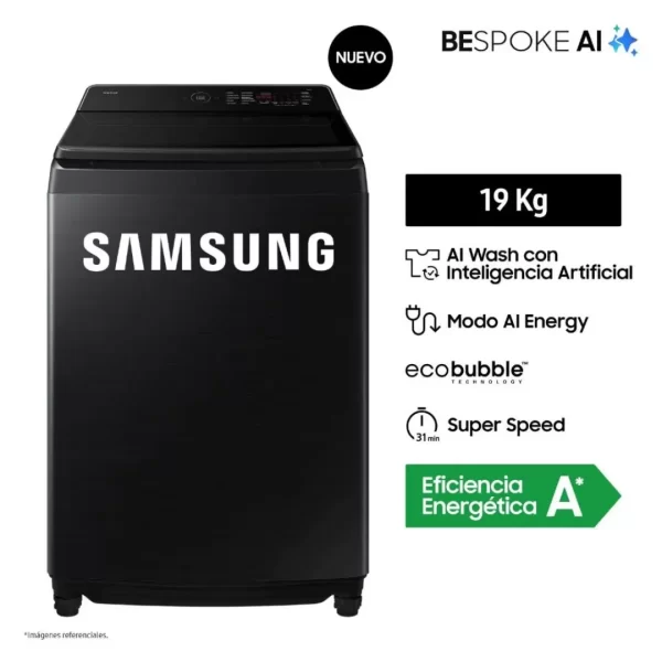 LAVADORA SAMSUNG 19KG WA80F19S8B AI WASH ECOBUBBLE™ NEGRA - Imagen 2