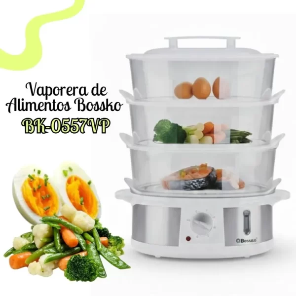 Vaporera de Alimentos Bossko de 3 Niveles con Temporizador - Blanca/Acero (BK-0557VP) - Imagen 4