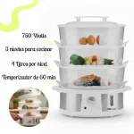 Vaporera de Alimentos Bossko de 3 Niveles con Temporizador - Blanca/Acero (BK-0557VP) - Imagen 3