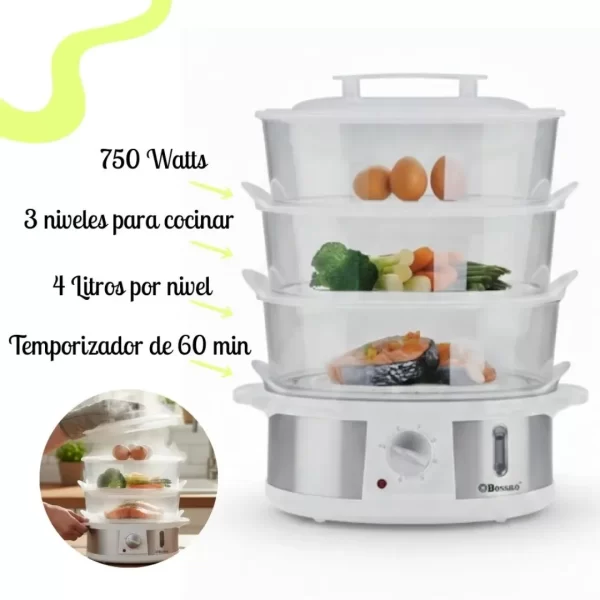 Vaporera de Alimentos Bossko de 3 Niveles con Temporizador - Blanca/Acero (BK-0557VP) - Imagen 3