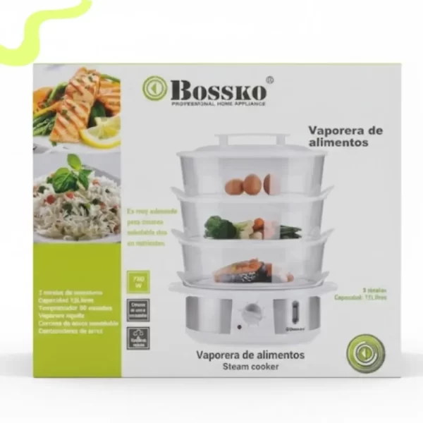 Vaporera de Alimentos Bossko de 3 Niveles con Temporizador - Blanca/Acero (BK-0557VP) - Imagen 2