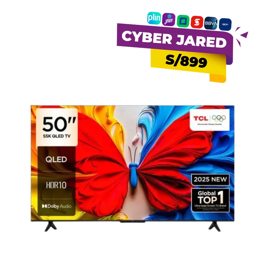 Televisor TCL 50S5K de 50 pulgadas QLED con empaque promocional de Cyber Jared a 899 soles
