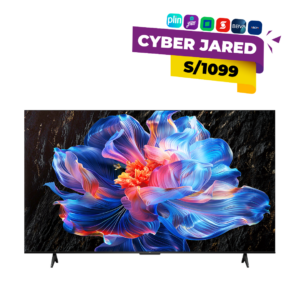 Televisor Smart TV TCL 55P6K de 55 pulgadas mostrando una flor brillante en pantalla, con banner promocional de Cyber Jared a S/1099.