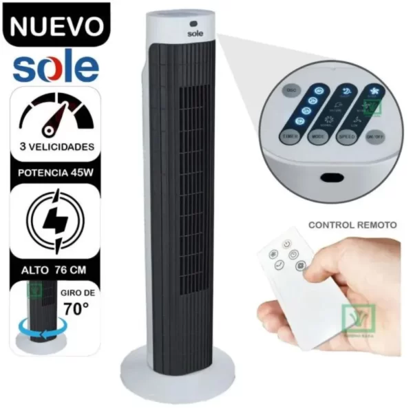 Ventilador de Torre Sole de 76 cm con Control Remoto y 3 Velocidades - Blanco (SOLAIR019) - Imagen 5