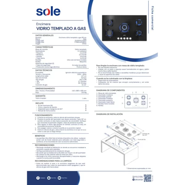 Encimera a Gas Sole de Vidrio Templado Negro de 86cm con 5 Hornillas y Quemador Triple - Imagen 3
