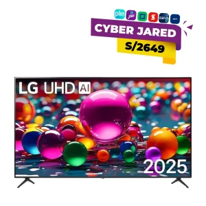 Televisor LG UHD de 75 pulgadas con imagen de esferas de colores en la pantalla.