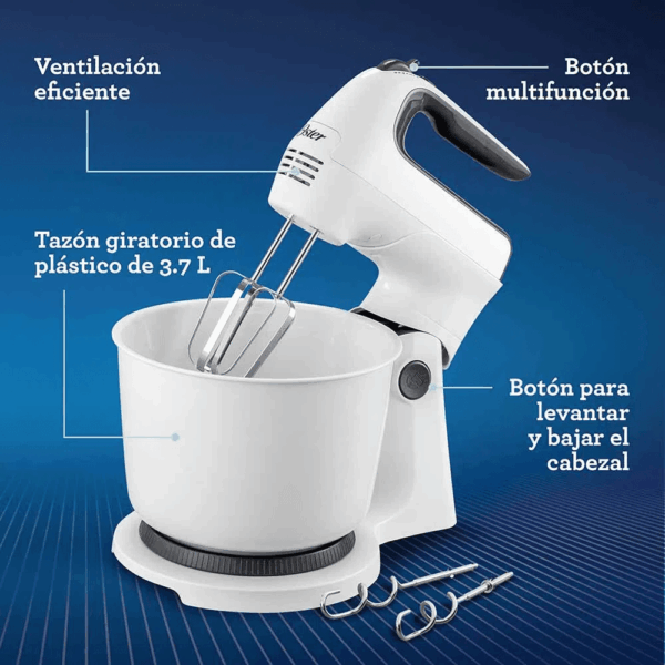 Batidora de mano y pedestal Oster FPSTHS3610-053 blanca junto a cupcakes y postres. - Imagen 3