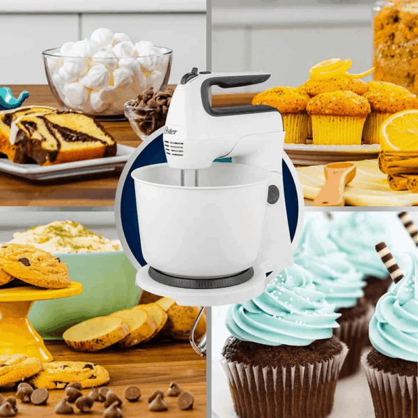Batidora de mano y pedestal Oster FPSTHS3610-053 blanca junto a cupcakes y postres. - Imagen 5