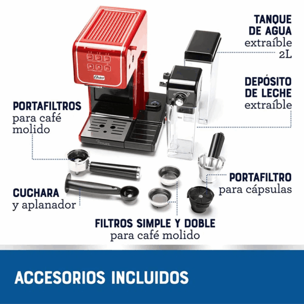 Cafetera Eléctrica OSTER PrimaLatte de 19 Bares Automática Rojo BVSTEM6801R - Imagen 11