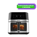 Freidora de aire digital Oster de 7.5 litros modelo CKSTAF75WDSSDF con panel táctil, ventana de visualización y revestimiento DiamondForce de color negro con acabados de acero inoxidable.