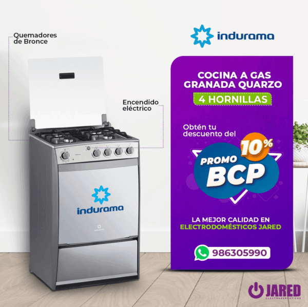 Cocina a Gas Indurama Granada 4 Hornillas - Acero Inox - Imagen 2