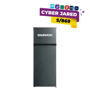 Refrigeradora Daewoo modelo DFR230-24 de color gris oscuro con panel superior en oferta Cyber Jared por 869 soles.