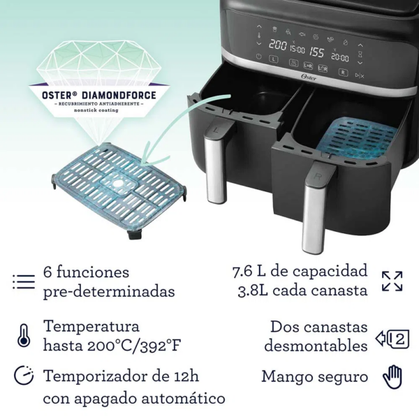 Freidora de aire Dual Oster de 7.6 Lts CKSTAF7MCDDF – Negro - Imagen 8