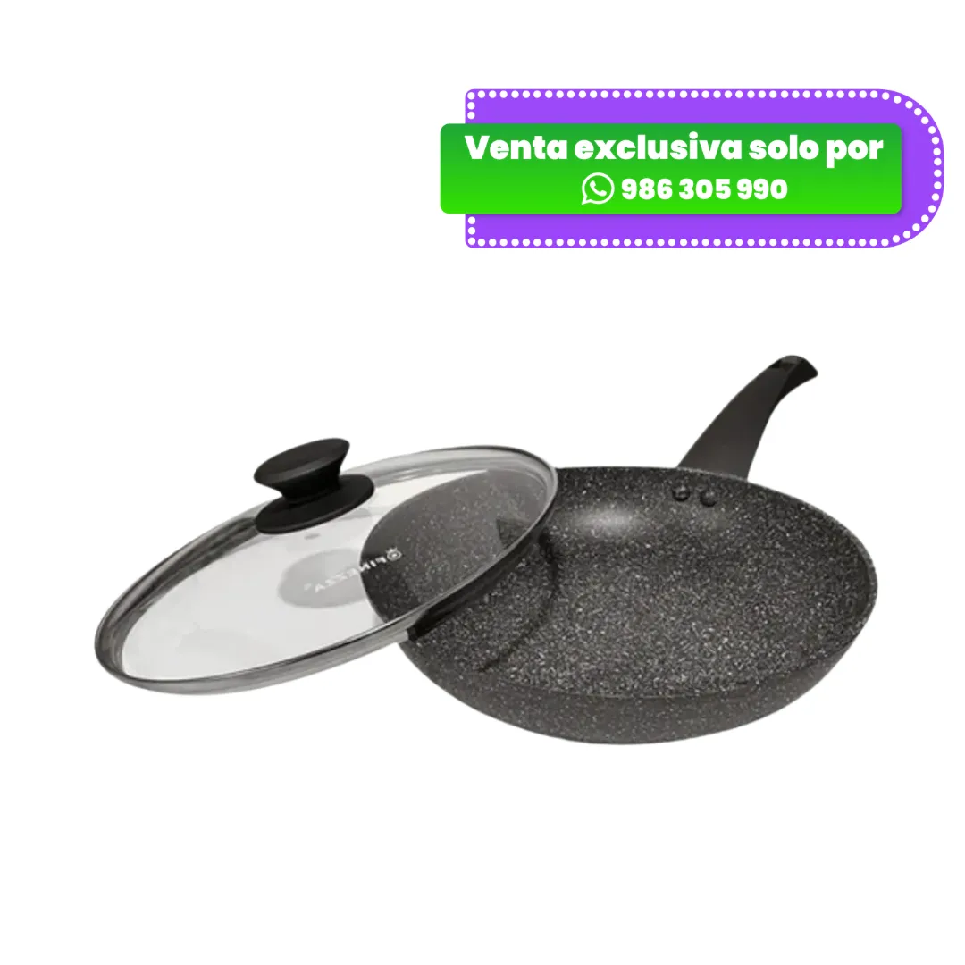 Sartén wok marca Finezza de 22 centímetros con recubrimiento antiadherente de ultragranito gris y mango ergonómico de baquelita. sarten-finezza-ultragranito-22cm-jared