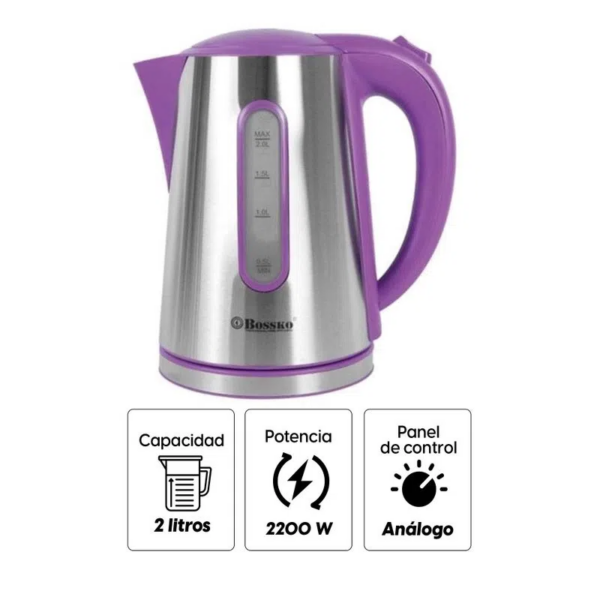 Hervidor Eléctrico BOSSKO de 2 Litros Morado BK-208H - Imagen 2