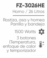 Horno Eléctrico de 26 Litros FINEZZA Negro FZ-3026HE - Imagen 2