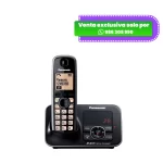 Teléfono inalámbrico digital Panasonic KX-TG3721LCB de color negro con base y contestadora automática.