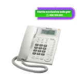 Teléfono fijo alámbrico Panasonic KX-TS880LXW de color blanco con pantalla LCD sobre un fondo claro.