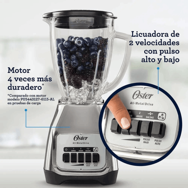 Licuadora OSTER de 2 Velocidades con Vaso de Vidrio Plata BLSTKAG-NPB - Imagen 2