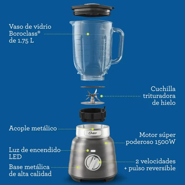 Licuadora OSTER Reversible de 2 Velocidades Plateado BLSTPBRGR-053 - Imagen 7