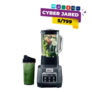 Licuadora profesional Oster XTREME MIX gris de 1500 vatios con panel digital, vaso de vidrio de 2 litros lleno de batido de frutas y accesorio portátil Blend-N-Go al lado - jared