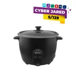Olla arrocera Imaco RC18N de color negro con tazón antiadherente y tapa de vidrio junto a su taza medidora y cuchara.