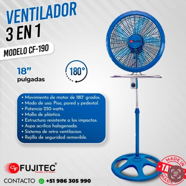 Ventilador de 18 Pulgadas FUJITEC 3 en 1 de 250W Azul CF-190 - Imagen 2