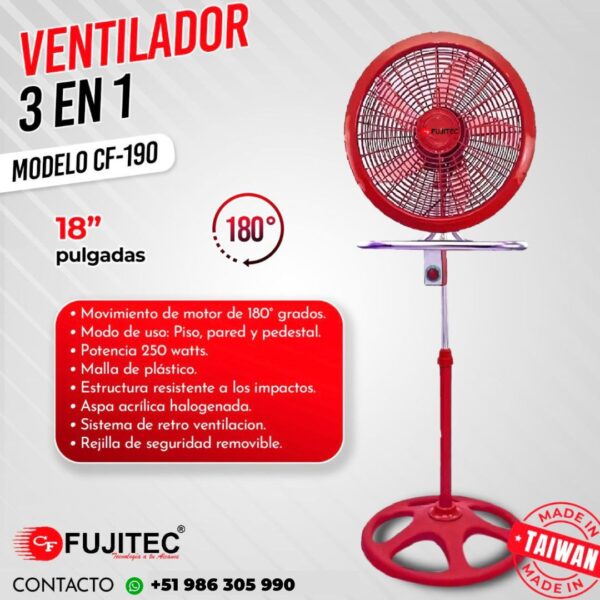 Ventilador de 18 Pulgadas FUJITEC de 250W Rojo CF-190 - Imagen 2