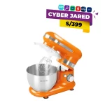 Batidora planetaria Finezza FZ-6812B de color naranja con tazón de acero inoxidable y tres accesorios de batido sobre un fondo blanco.