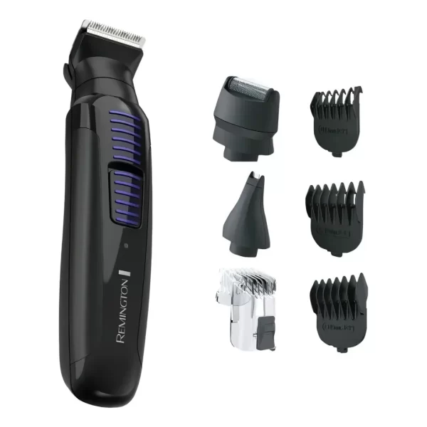Cortadora de cabello y barba Remington Todo en 1 RG029A con cabezales intercambiables y accesorios sobre un fondo neutro.