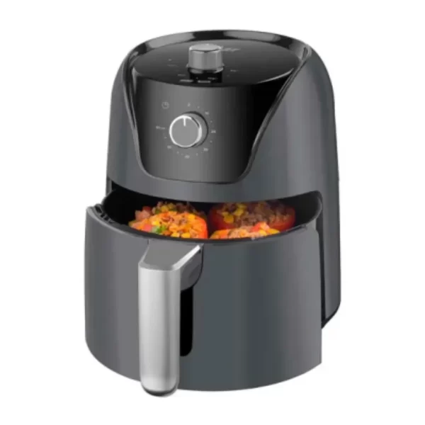 Freidora de aire Oster manual de 4 litros negra Diamond Force CKSTAF40MDF-053 con perillas de control de tiempo y temperatura sobre una encimera de cocina.