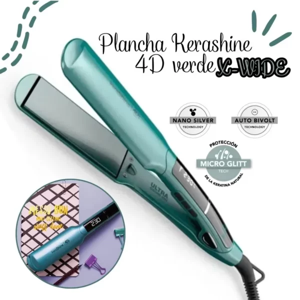Plancha para cabello Gama X-Wide Digital KeraShine 4D Therapy de color negro con placas extra anchas y pantalla digital de temperatura encendida.