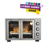 Horno con freidora de aire Oster de 35 litros con puertas francesas abiertas mostrando su interior de acero