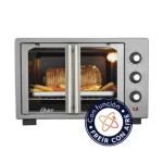 Horno con freidora de aire Oster de 35 litros con puertas francesas abiertas mostrando su interior de acero