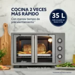 Horno con freidora de aire Oster de 35 litros con puertas francesas abiertas mostrando su interior de acero
