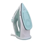 Plancha a vapor Imaco ETA1615C de color celeste con base de cerámica antiadherente y selector de temperatura giratorio.