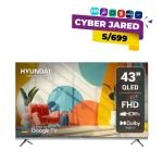 Televisor Smart TV Hyundai QLED de 43 pulgadas Full HD con Google TV, mostrando pantalla de inicio colorida sobre fondo de oferta Cyber Jared a 699 soles.