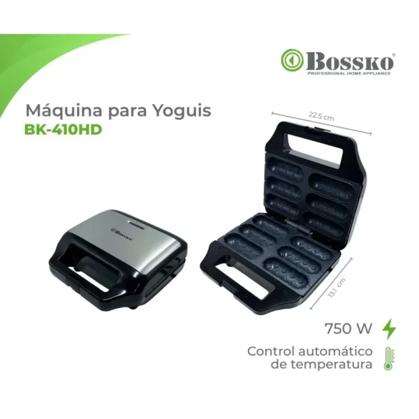 Máquina de yoguis Bossko BK-410HD con placas antiadherentes y capacidad para seis unidades sobre un fondo neutro