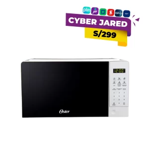 Horno microondas digital Oster POGGE2701 blanco de 20 litros con panel táctil y plato giratorio interno.