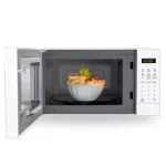 Horno microondas digital Oster POGGE2701 blanco de 20 litros con panel táctil y plato giratorio interno.
