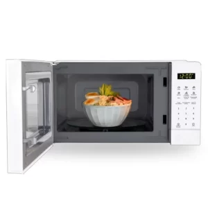 Horno microondas digital Oster POGGE2701 blanco de 20 litros con panel táctil y plato giratorio interno.