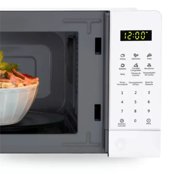 Horno microondas digital Oster POGGE2701 blanco de 20 litros con panel táctil y plato giratorio interno.