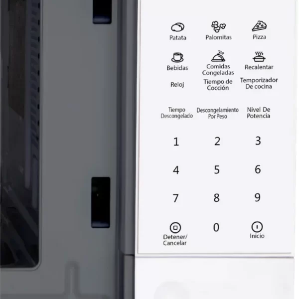 Horno microondas digital Oster POGGE2701 blanco de 20 litros con panel táctil y plato giratorio interno.