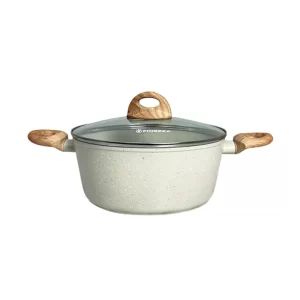 Juego de ollas de 11 piezas Finezza FZ-C1120ST de ultragranito negro con base para inducción y tapas de vidrio templado dispuestas ordenadamente sobre un fondo neutro.